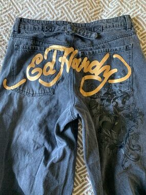 Ed hardy 32 tag but 30 Gray Jeans with Gold Script & Embroidered Crest tattoo